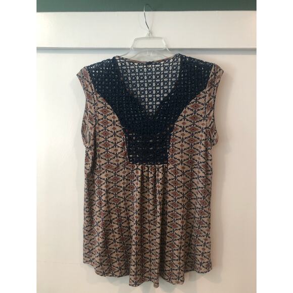 EUC Anthropologie Meadow Rue Lace Crochet Sleeveless Top Tunic Tan Navy Boho - Picture 8 of 10